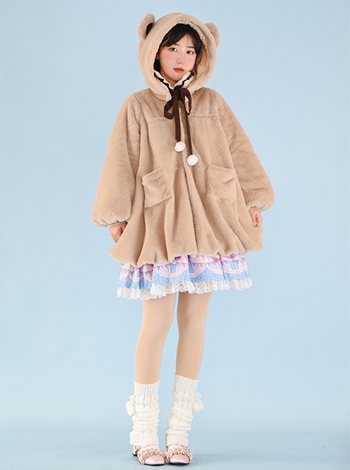 Little Bear Coco Tea Series Doll Collar Plush Winter Warm Little Bear Hat Detachable Classic Lolita Long-Sleeved Coat