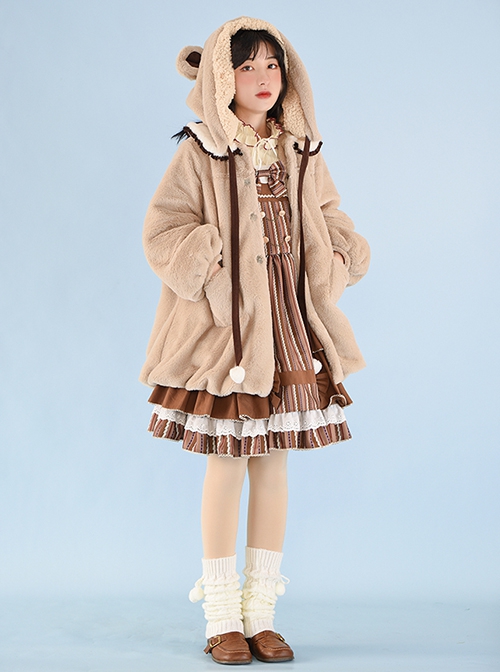 Little Bear Coco Tea Series Doll Collar Plush Winter Warm Little Bear Hat Detachable Classic Lolita Long-Sleeved Coat
