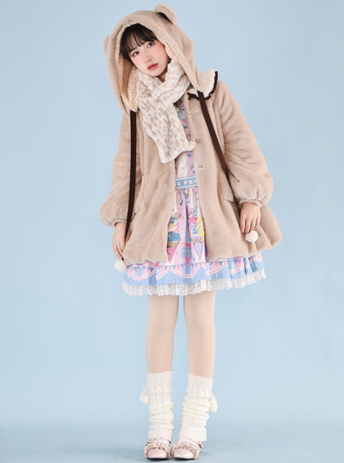 Little Bear Coco Tea Series Doll Collar Plush Winter Warm Little Bear Hat Detachable Classic Lolita Long-Sleeved Coat