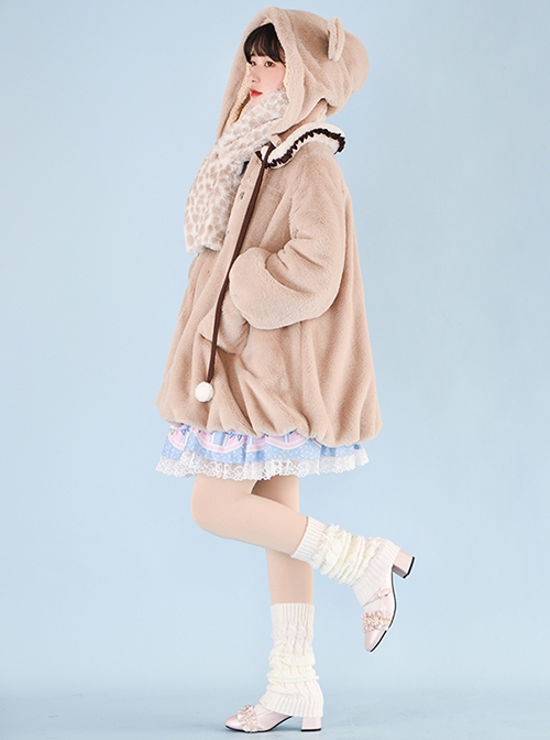 Little Bear Coco Tea Series Doll Collar Plush Winter Warm Little Bear Hat Detachable Classic Lolita Long-Sleeved Coat