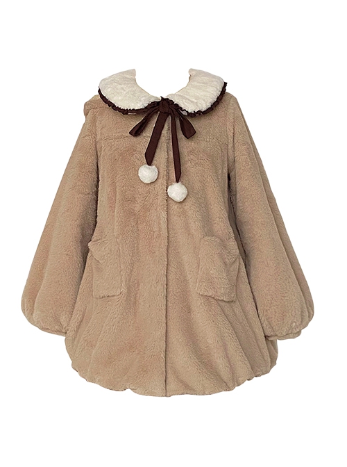 Little Bear Coco Tea Series Doll Collar Plush Winter Warm Little Bear Hat Detachable Classic Lolita Long-Sleeved Coat