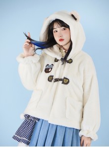 Little Bear Fresh Milk Tea Series Cute Little Bear Ears Lamb Wool Hooded Plush Winter Warm Classic Lolita Long-Sleeved Coat