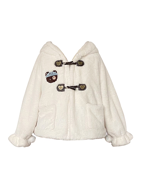 Little Bear Fresh Milk Tea Series Cute Little Bear Ears Lamb Wool Hooded Plush Winter Warm Classic Lolita Long-Sleeved Coat