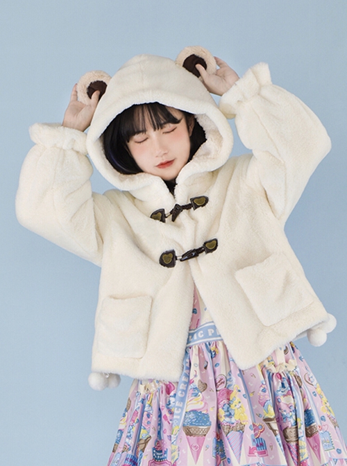Little Bear Fresh Milk Tea Series Cute Little Bear Ears Lamb Wool Hooded Plush Winter Warm Classic Lolita Long-Sleeved Coat