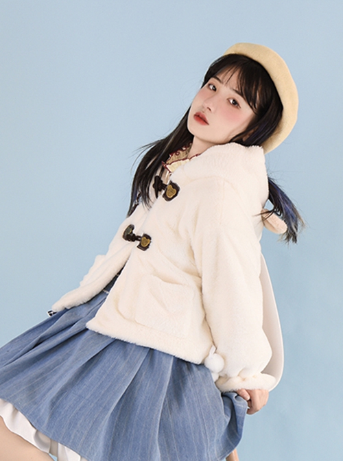 Little Bear Fresh Milk Tea Series Cute Little Bear Ears Lamb Wool Hooded Plush Winter Warm Classic Lolita Long-Sleeved Coat