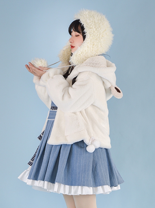 Little Bear Fresh Milk Tea Series Cute Little Bear Ears Lamb Wool Hooded Plush Winter Warm Classic Lolita Long-Sleeved Coat