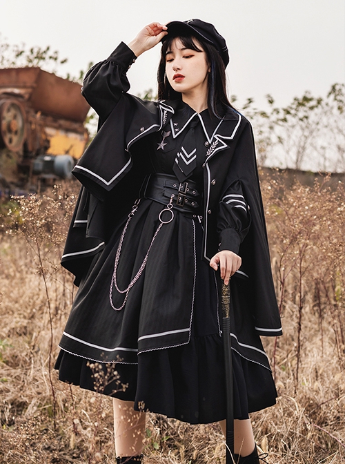 Loyal Chariot Series Military Style Handsome Detachable Brooch Irregular Hem Design Punk Lolita Long-Sleeved Dress Set