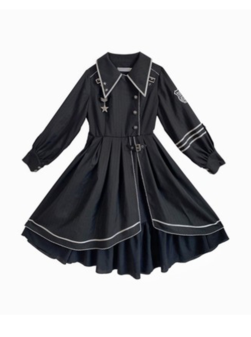 Loyal Chariot Series Military Style Handsome Detachable Brooch Irregular Hem Design Punk Lolita Long-Sleeved Dress Set