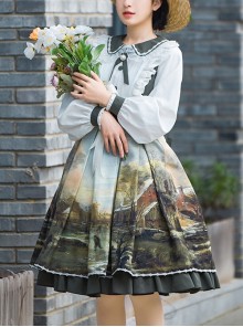 Shimmer Series Pastoral Style Retro Oil Painting Printing Sweet Doll Collar Daily Classic Lolita Long-Sleeved Dress