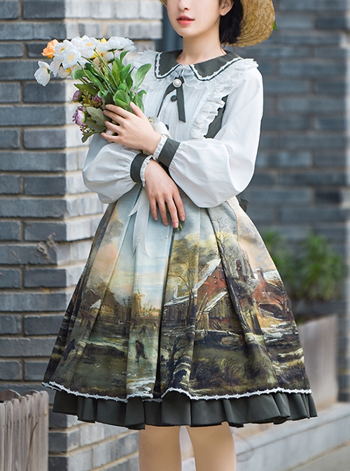 Shimmer Series Pastoral Style Retro Oil Painting Printing Sweet Doll Collar Daily Classic Lolita Long-Sleeved Dress