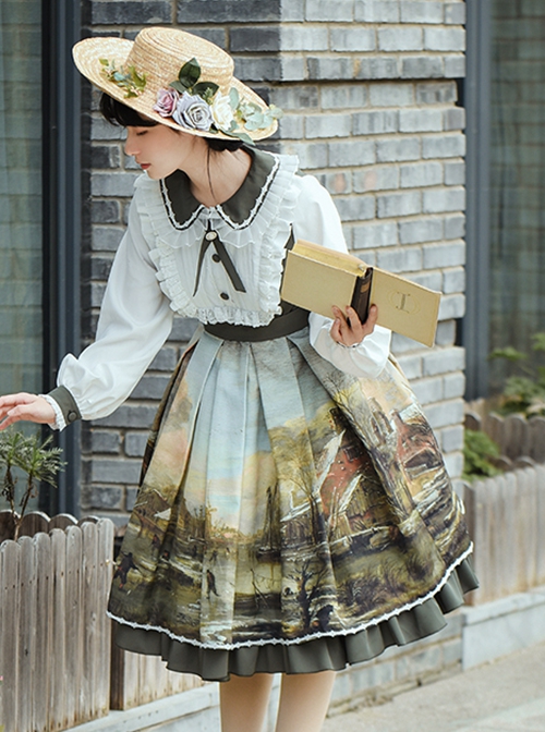 Shimmer Series Pastoral Style Retro Oil Painting Printing Sweet Doll Collar Daily Classic Lolita Long-Sleeved Dress