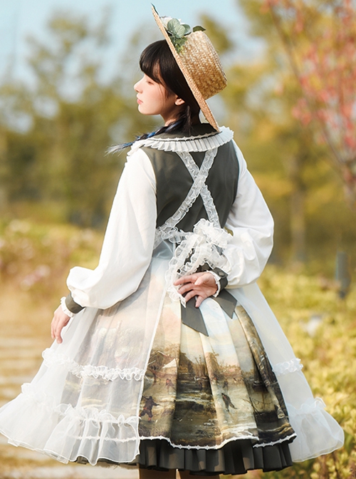 Shimmer Series Pastoral Style Retro Oil Painting Printing Sweet Doll Collar Daily Classic Lolita Long-Sleeved Dress