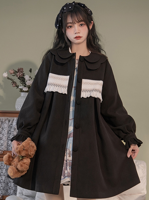 Solid Color Autumn Winter Warm Doll Collar Lantern Sleeves Cute Classic Lolita Long-Sleeved Coat