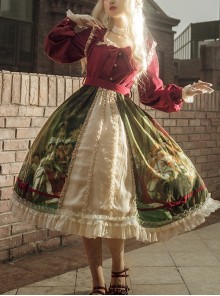 Brumaire Coup Series Court Red Velvet Retro Upper Body Oil Painting Printed Skirt Hem Classic Lolita Long-Sleeved Dress