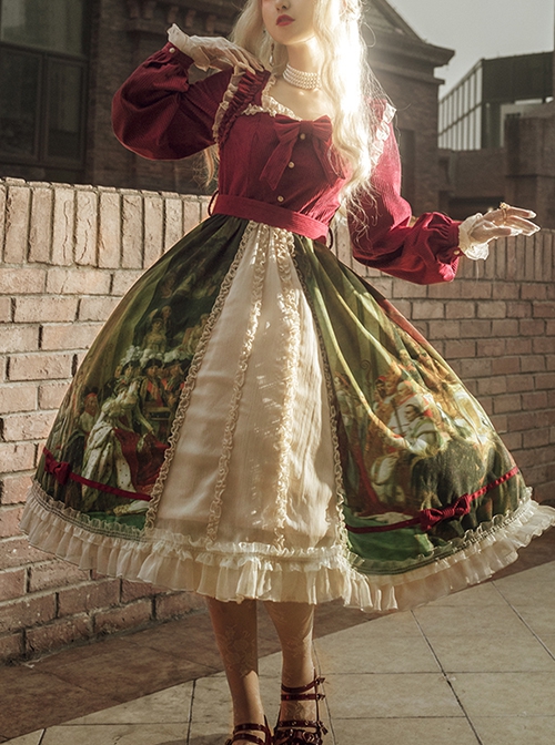 Brumaire Coup Series Court Red Velvet Retro Upper Body Oil Painting Printed Skirt Hem Classic Lolita Long-Sleeved Dress