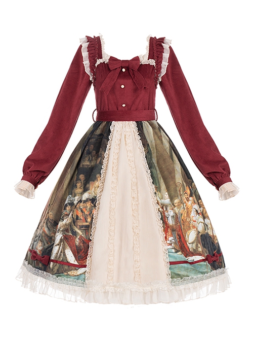 Brumaire Coup Series Court Red Velvet Retro Upper Body Oil Painting Printed Skirt Hem Classic Lolita Long-Sleeved Dress