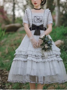 White Jacquard Butterfly Embroidered Elegant Square Neck Multi-Layer Lace Hem Classic Lolita Short Sleeve Dress