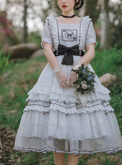 White Jacquard Butterfly Embroidered Elegant Square Neck Multi-Layer Lace Hem Classic Lolita Short Sleeve Dress