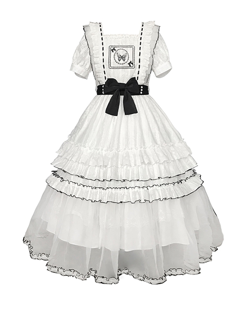 White Jacquard Butterfly Embroidered Elegant Square Neck Multi-Layer Lace Hem Classic Lolita Short Sleeve Dress