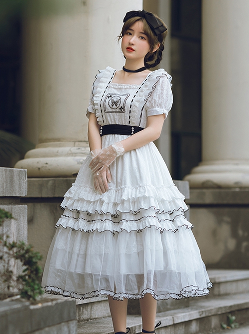 White Jacquard Butterfly Embroidered Elegant Square Neck Multi-Layer Lace Hem Classic Lolita Short Sleeve Dress