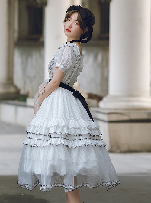 White Jacquard Butterfly Embroidered Elegant Square Neck Multi-Layer Lace Hem Classic Lolita Short Sleeve Dress