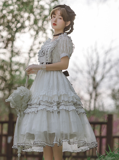 White Jacquard Butterfly Embroidered Elegant Square Neck Multi-Layer Lace Hem Classic Lolita Short Sleeve Dress