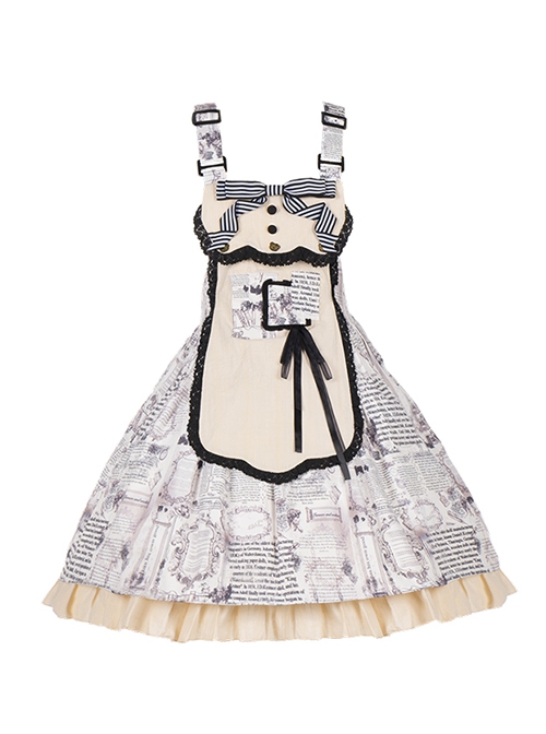 Berlin Daily Series Vintage Newspaper Print Detachable Apron Panel Lace Classic Lolita Sleeveless Dress