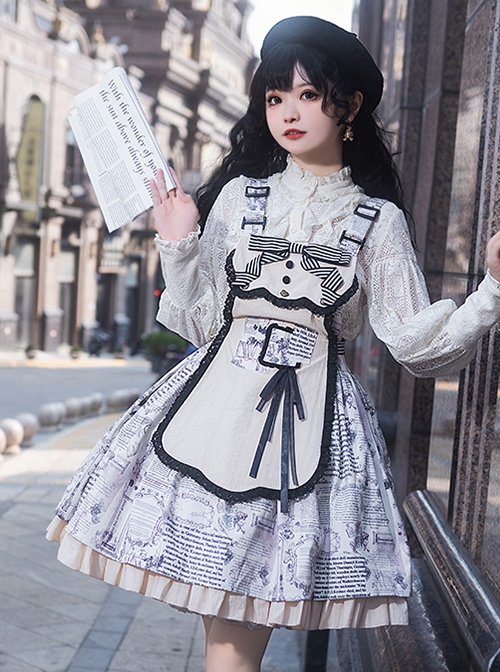 Berlin Daily Series Vintage Newspaper Print Detachable Apron Panel Lace Classic Lolita Sleeveless Dress