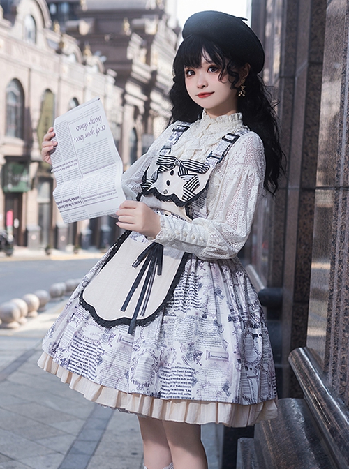 Berlin Daily Series Vintage Newspaper Print Detachable Apron Panel Lace Classic Lolita Sleeveless Dress