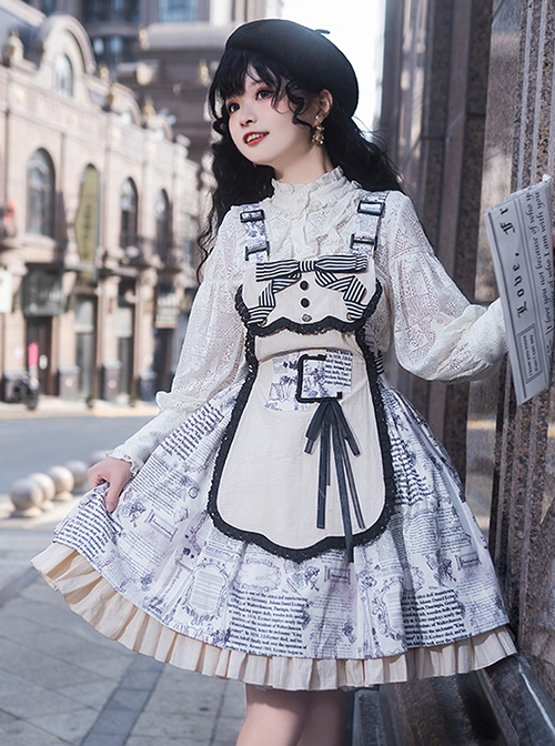 Berlin Daily Series Vintage Newspaper Print Detachable Apron Panel Lace Classic Lolita Sleeveless Dress