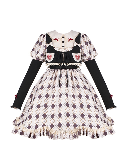 Hat Trick Series Cute Lace Doll Collar Retro Sweetheart Rhombus Print Detachable Black Vest Classic Lolita Long-Sleeved Dress Set