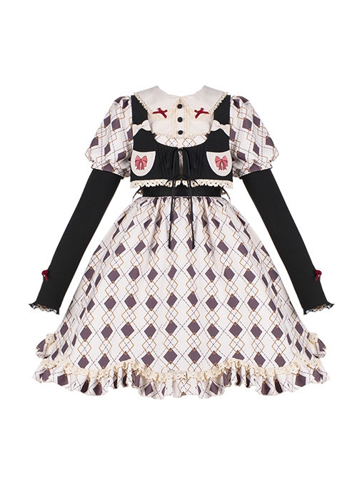 Hat Trick Series Cute Lace Doll Collar Retro Sweetheart Rhombus Print Detachable Black Vest Classic Lolita Long-Sleeved Dress Set