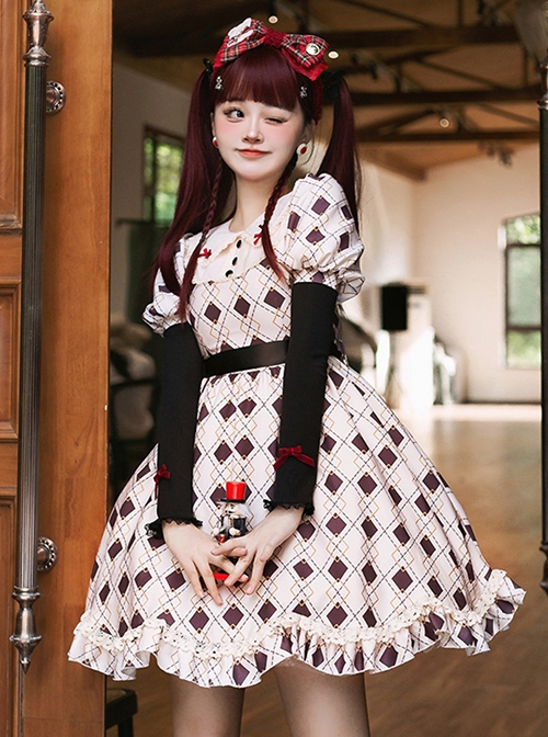 Hat Trick Series Cute Lace Doll Collar Retro Sweetheart Rhombus Print Detachable Black Vest Classic Lolita Long-Sleeved Dress Set