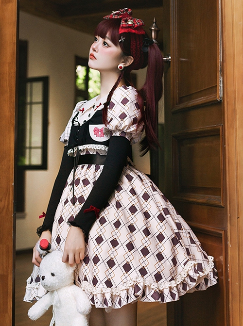 Hat Trick Series Cute Lace Doll Collar Retro Sweetheart Rhombus Print Detachable Black Vest Classic Lolita Long-Sleeved Dress Set