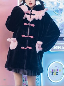 Gulu Rabbit Series Black Pink Contrasting Color Cute Cool Plush Winter Warm Sweet Lolita Long-Sleeved Coat