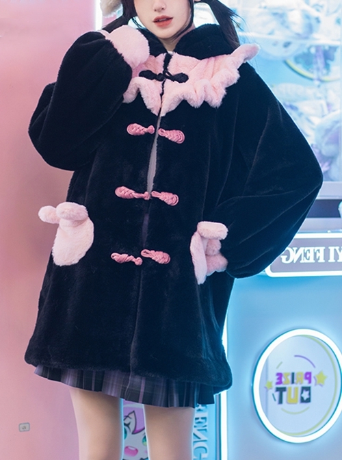 Gulu Rabbit Series Black Pink Contrasting Color Cute Cool Plush Winter Warm Sweet Lolita Long-Sleeved Coat