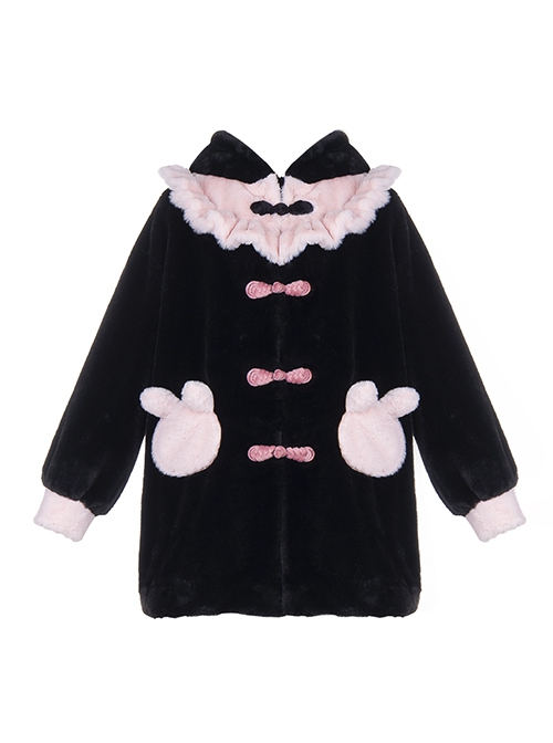 Gulu Rabbit Series Black Pink Contrasting Color Cute Cool Plush Winter Warm Sweet Lolita Long-Sleeved Coat