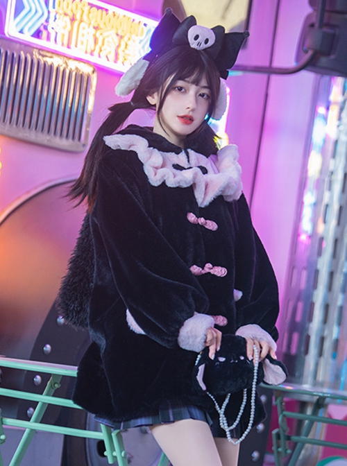 Gulu Rabbit Series Black Pink Contrasting Color Cute Cool Plush Winter Warm Sweet Lolita Long-Sleeved Coat