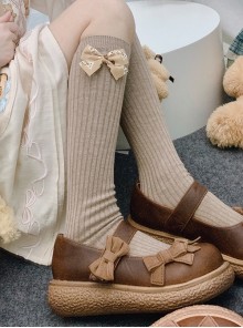 Solid Color Japanese Vertical Stripe Cute Little Bear Bow-Knot Decoration Sweet Lolita Socks