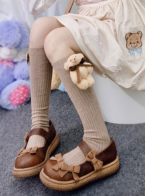 Solid Color Japanese Vertical Stripe Cute Little Bear Bow-Knot Decoration Sweet Lolita Socks