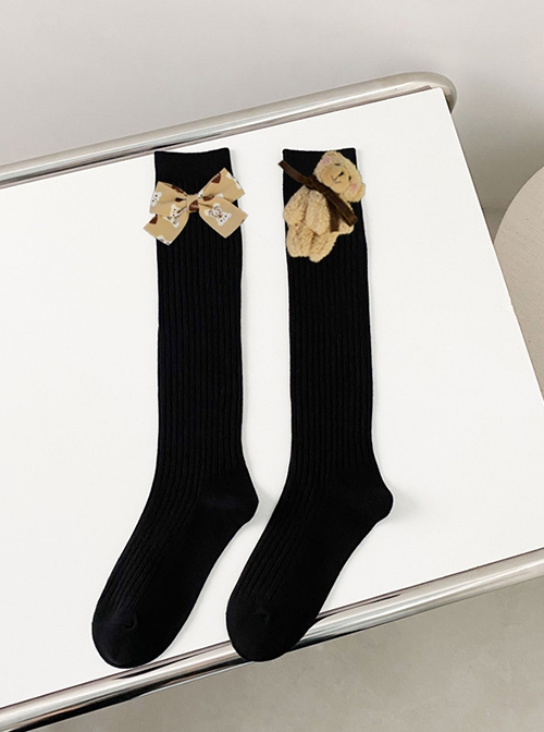 Solid Color Japanese Vertical Stripe Cute Little Bear Bow-Knot Decoration Sweet Lolita Socks