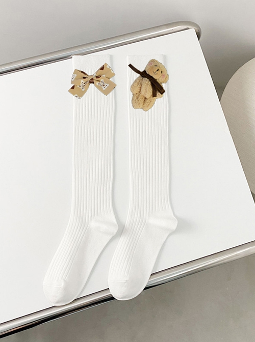 Solid Color Japanese Vertical Stripe Cute Little Bear Bow-Knot Decoration Sweet Lolita Socks