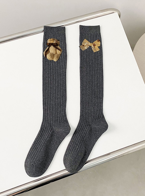 Solid Color Japanese Vertical Stripe Cute Little Bear Bow-Knot Decoration Sweet Lolita Socks