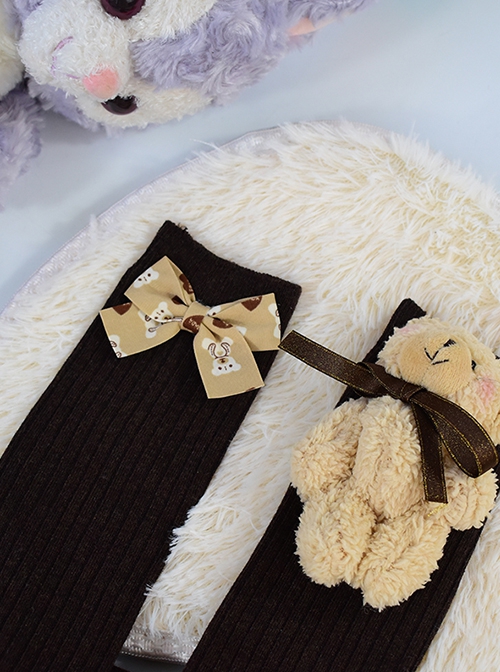 Solid Color Japanese Vertical Stripe Cute Little Bear Bow-Knot Decoration Sweet Lolita Socks