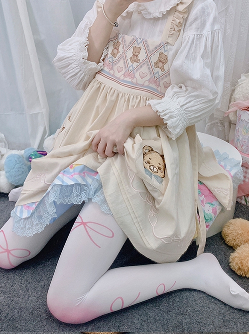 Cute White Knee Blush Velvet Bow Print Sweet Lolita Pantyhose