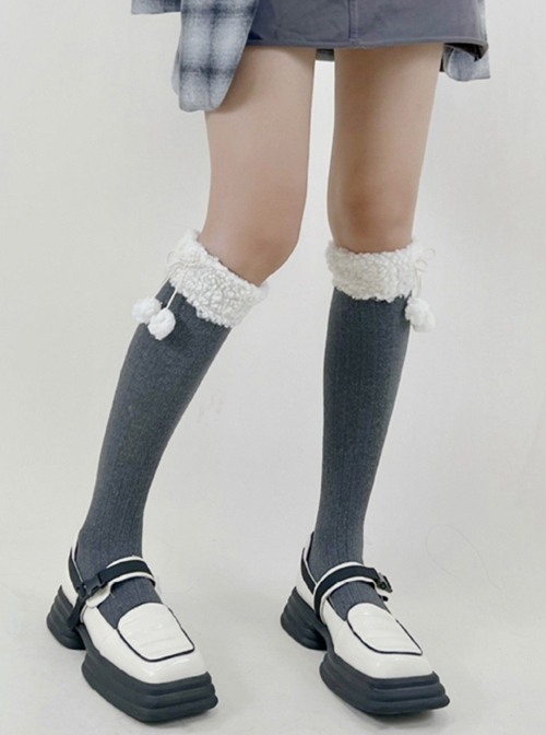 Autumn Winter Japanese Warm Plush Cute Fur Ball Daily Sweet Lolita Mid-Tube Calf Socks