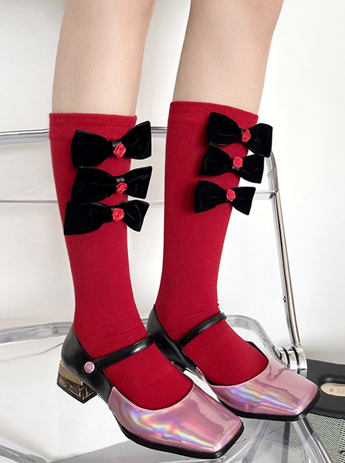 Pure Color Velvet Bow-Knot Rose Decoration Sweet Lolita Mid Calf Socks