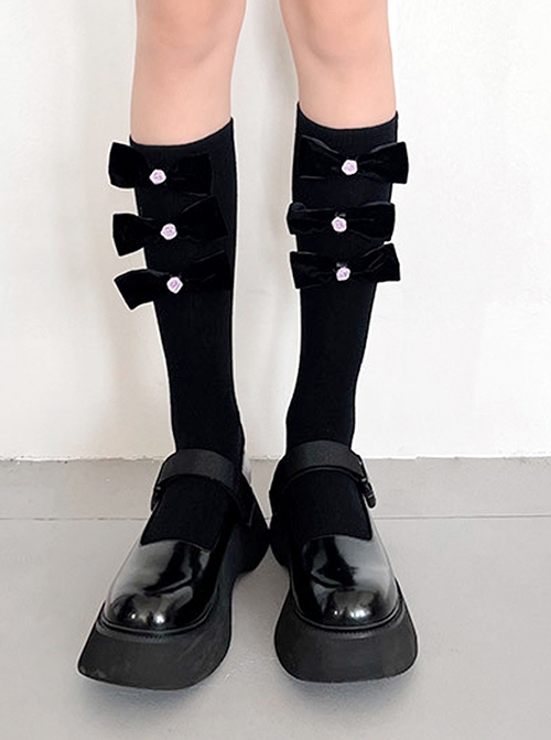 Pure Color Velvet Bow-Knot Rose Decoration Sweet Lolita Mid Calf Socks