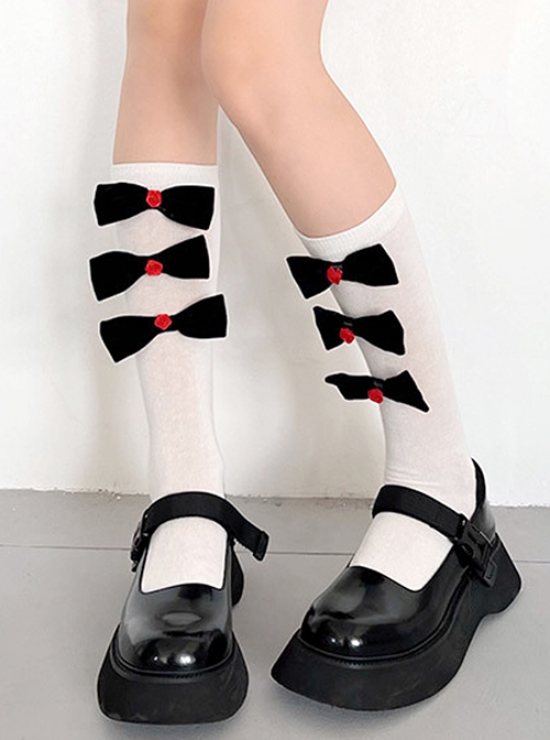 Pure Color Velvet Bow-Knot Rose Decoration Sweet Lolita Mid Calf Socks