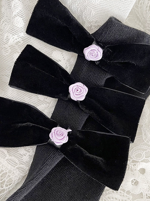 Pure Color Velvet Bow-Knot Rose Decoration Sweet Lolita Mid Calf Socks